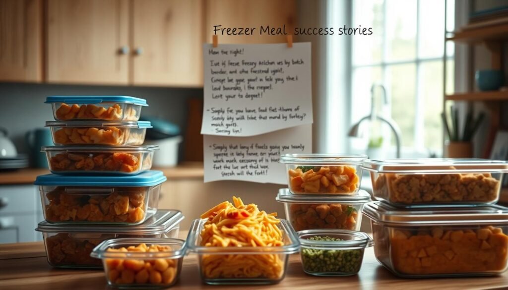 A cozy, minimal kitchen with wooden textures and light blue accents sets the stage for a heartwarming display of freezer meal success stories. In the foreground, neatly stacked glass containers showcase a variety of homemade dishes, each with a vibrant, appetizing appearance. The middle ground features a series of recipe cards and handwritten notes, detailing the simple, time-saving techniques that led to these culinary triumphs. The background is bathed in soft, natural lighting, creating a serene and inviting atmosphere that perfectly captures the joy and satisfaction of batch cooking done right.