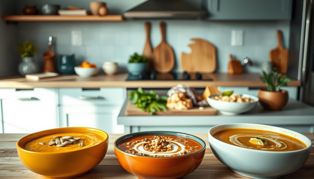 A cozy, minimal kitchen with wooden textures and light blue accents sets the stage for a creative soup-making session. In the foreground, a collection of innovative soup ideas are displayed - a vibrant pumpkin soup garnished with roasted pumpkin seeds, a hearty lentil and barley soup with a swirl of yogurt, and a comforting chicken noodle soup with a twist of lemon and fresh herbs. The middle ground showcases various chopped vegetables, herbs, and spices, hinting at the flavorful possibilities. In the background, the kitchen's clean lines and soft lighting create a serene, inviting atmosphere, perfect for meal prepping nourishing soups for those cold work days ahead.