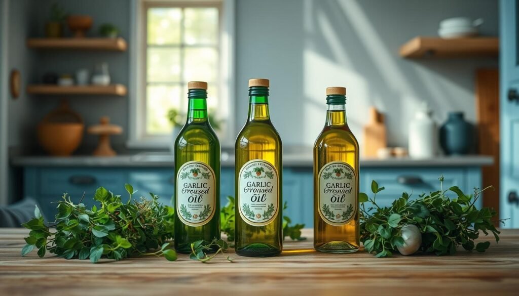 A cozy, minimal kitchen with wooden textures and light blue accents sets the stage for a tempting display of garlic-herb infused oil. Glistening bottles of vibrant green and golden hues take center stage, their labels artfully designed. An array of fresh herbs, their verdant leaves and delicate stems, frame the vessels, adding a natural, earthy touch. Rays of soft, diffused lighting bathe the scene, creating a warm, inviting atmosphere. The composition is balanced and elegant, capturing the essence of this flavorful, aromatic ingredient and its potential for enhancing cold lunch recipes.