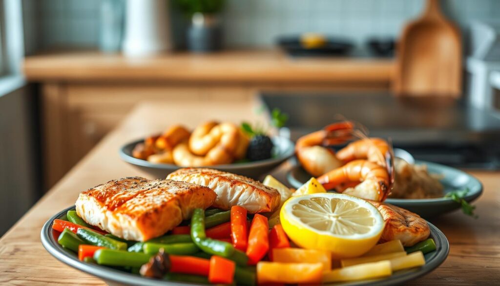 A cozy, minimal kitchen with wooden textures and light blue accents sets the stage for a delectable display of paleo seafood dishes. In the foreground, a neatly arranged platter showcases an assortment of grilled or roasted fish fillets, perhaps salmon, cod, or halibut, accompanied by vibrant steamed vegetables and a zesty lemon wedge. The middle ground reveals a variety of shellfish, such as juicy seared scallops and shrimp, expertly prepared with a blend of paleo-friendly seasonings. In the background, a few simple yet elegant garnishes, such as fresh herbs or edible flowers, add a touch of natural elegance. The lighting is soft and diffused, highlighting the natural colors and textures of the paleo-friendly ingredients, creating a warm and inviting atmosphere.