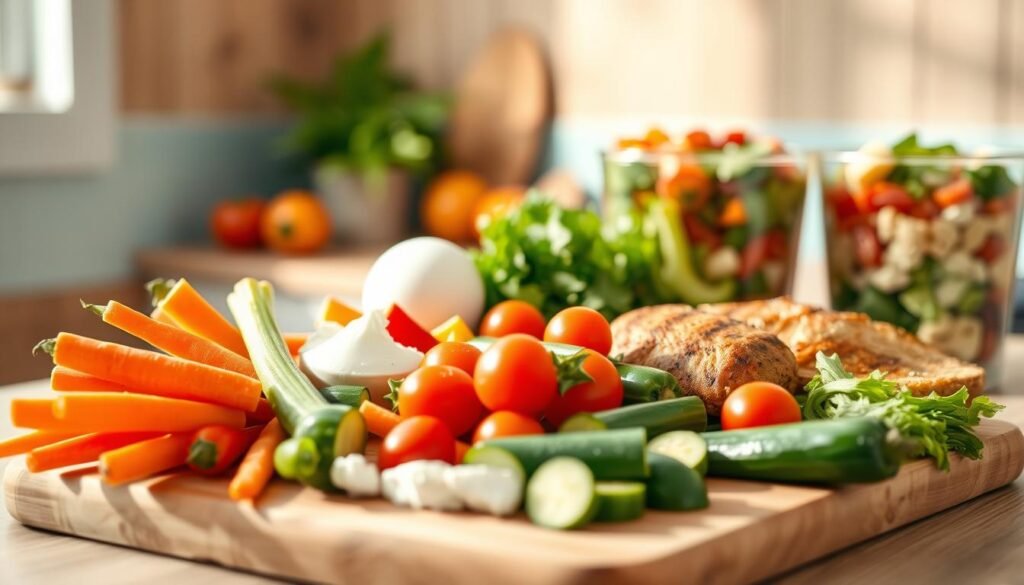 A cozy, minimal kitchen with wooden textures and light blue accents sets the stage for a visually appealing veggie-packed lunch spread. In the foreground, an array of crisp, vibrant vegetables - carrots, bell peppers, cucumbers, and cherry tomatoes - are arranged artfully on a simple wooden serving board. The middle ground features a selection of protein-rich options like boiled eggs, cottage cheese, and grilled chicken, while the background showcases a glass container filled with a colorful salad mix. The natural lighting casts a soft, warm glow, highlighting the freshness and nutritional value of this diabetic-friendly, blood sugar-balancing meal.