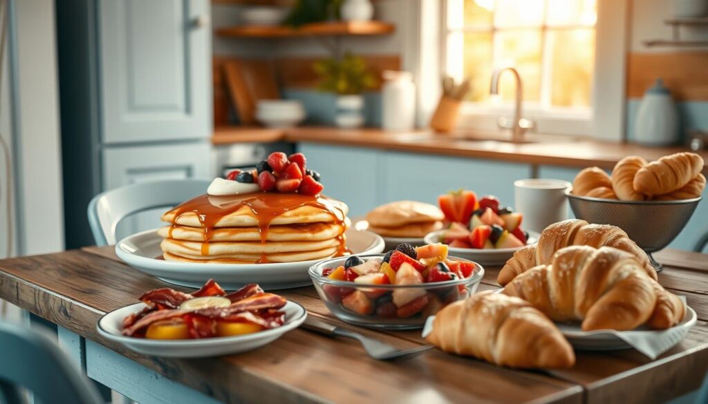 A cozy, minimal kitchen with wooden textures and light blue accents sets the stage for a festive brunch scene. On a rustic wooden table, various dishes come to life - fluffy buttermilk pancakes drizzled with maple syrup, crisp bacon and sausage links, fresh fruit salad with berries and citrus, and flaky croissants. Warm, diffused lighting casts a soft glow, creating an inviting atmosphere perfect for a relaxed family gathering. The layout is clean and uncluttered, allowing the mouthwatering recipes to take center stage. No hands are visible, putting the focus solely on the delectable spread.
