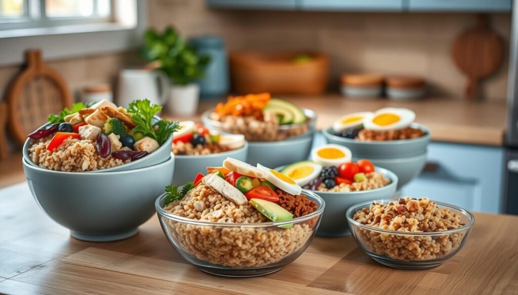 A cozy, minimal kitchen with wooden textures and light blue accents sets the stage for a mouthwatering display of meal prep grain bowls. Perfectly portioned servings of fluffy quinoa, tender farro, and nutty brown rice are topped with an array of vibrant veggies, juicy chicken, hard-boiled eggs, and creamy avocado. The bowls are arranged artfully, capturing the delightful contrast of colors and textures. Soft, directional lighting bathes the scene in a warm, inviting glow, emphasizing the fresh, wholesome nature of these nutrient-dense dishes. The overall atmosphere conveys the ease and convenience of preparing these satisfying, protein-packed meals in advance, ready to nourish and delight throughout the busy workweek.
