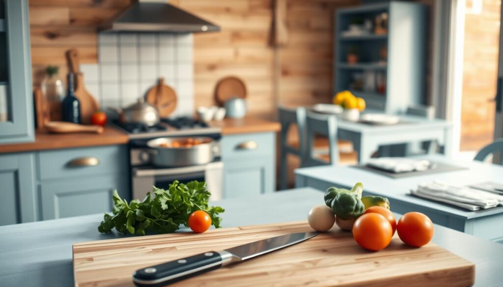 A cozy, minimal kitchen with wooden textures and light blue accents sets the stage for a family meal prep session. In the foreground, a cutting board with fresh vegetables and a sharp knife lies ready. The middle ground showcases a large pot simmering on the stove, the aroma of a hearty, homemade meal filling the air. In the background, a welcoming dining table awaits, its placemats and napkins neatly arranged, hinting at the shared experience to come. The warm, natural lighting casts a soft glow, creating an atmosphere of comfort and togetherness. This scene celebrates the benefits of batch cooking for a large family - nourishing meals, quality time, and the joy of shared experiences.