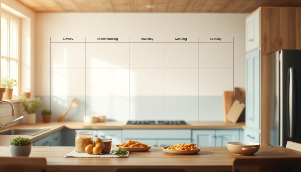 A cozy, minimal kitchen with wooden textures and light blue accents sets the stage for a weekly meal plan framework. A clean, organized grid layout presents seven distinct dinner meal prep ideas, each with its own section delineated by thin lines. Ingredients and cooking instructions are neatly arranged, allowing for efficient meal planning and prepping. Subtle natural lighting illuminates the scene, highlighting the simplicity and functionality of this useful organizational tool. The overall mood is one of calm, streamlined efficiency, perfect for guiding the creation of delicious, thoughtfully prepared weekly dinners.