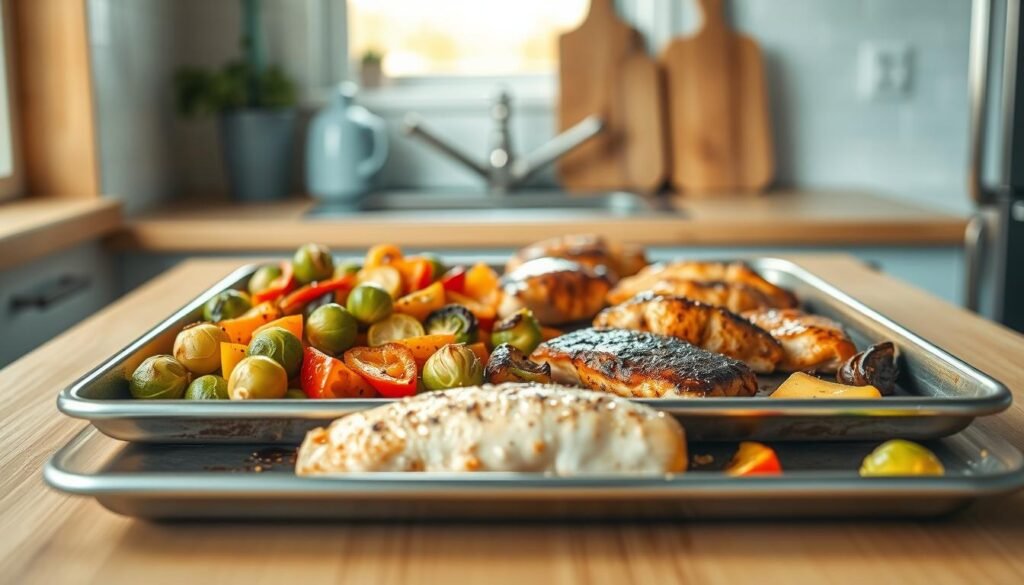 A cozy, minimal kitchen with wooden textures and light blue accents sets the stage for an artful display of creative sheet pan meal variations. In the foreground, an array of vibrant, freshly roasted vegetables - from tender Brussels sprouts to colorful bell peppers - sizzle on a gleaming metal sheet pan. In the middle ground, succulent protein options like marinated chicken thighs or flaky salmon fillets share the pan, creating a harmonious symphony of flavors. The background features a few simple kitchen tools, subtly hinting at the ease and convenience of this one-pan cooking method. The overall scene evokes a sense of effortless culinary inspiration, inviting the viewer to imagine the myriad of possibilities for customizing wholesome, delicious sheet pan meals.