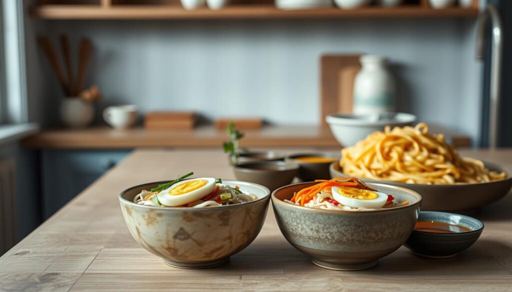 A cozy, minimal kitchen with wooden textures and light blue accents sets the stage for an array of soba, rice, and egg noodle variations. In the foreground, steaming bowls of soba noodles are dressed in a sesame-soy dressing, garnished with crisp vegetables and a perfectly cooked soft-boiled egg. The middle ground showcases delicate rice noodles, their translucent strands intertwined with julienned carrots and scallions. In the background, thick, golden egg noodles are plated alongside a collection of dipping sauces, inviting the viewer to explore the diverse flavors and textures of these Asian noodle dishes. The scene is illuminated by soft, diffused lighting, capturing the comforting and appetizing essence of these nourishing cold lunch recipes.