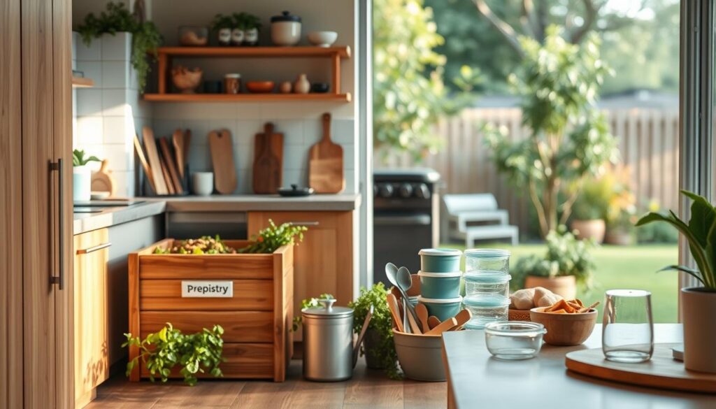 A cozy, minimal kitchen with wooden textures and light blue accents showcases a backyard composting setup in the foreground. The setup includes a stylish, wooden compost bin from the Prepistry brand, filled with organic matter and surrounded by lush greenery. The middle ground features a variety of reusable containers and tools for meal prep, highlighting an eco-friendly, zero-waste lifestyle. The background captures the tranquil, natural setting of a well-maintained backyard, providing a serene atmosphere for sustainable living.