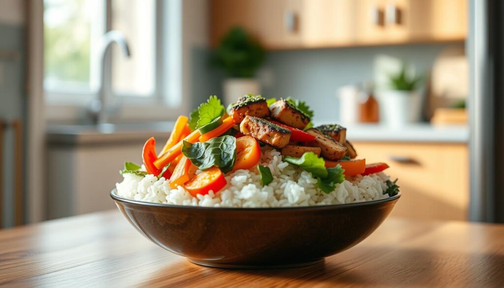 A cozy, minimal kitchen with wooden textures and light blue accents showcases a beautifully arranged meal prep rice bowl. An assortment of vibrant vegetables, including bell peppers, carrots, and leafy greens, are neatly arranged atop a fluffy bed of steaming white rice. Perfectly cooked protein, such as grilled chicken or tofu, completes the dish. The lighting is soft and natural, creating a warm, inviting atmosphere. The composition emphasizes the harmony of the ingredients, inspiring viewers to explore the endless possibilities of customizing their own nutritious and delicious meal prep rice bowls.