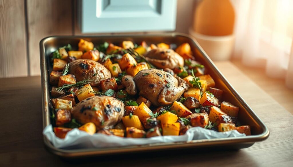 A cozy, minimal kitchen with wooden textures and light blue accents showcases a bountiful sheet pan filled with perfectly roasted vegetables, juicy chicken, and aromatic herbs. The golden-brown, caramelized edges of the meal radiate warmth and nourishment, inviting the viewer to savor the convenience and health benefits of this one-pan wonder. Soft, natural lighting casts a gentle glow, highlighting the vibrant colors and textures of the dish. The scene exudes a sense of simplicity, efficiency, and the comforting pleasures of a homemade, oven-roasted meal.