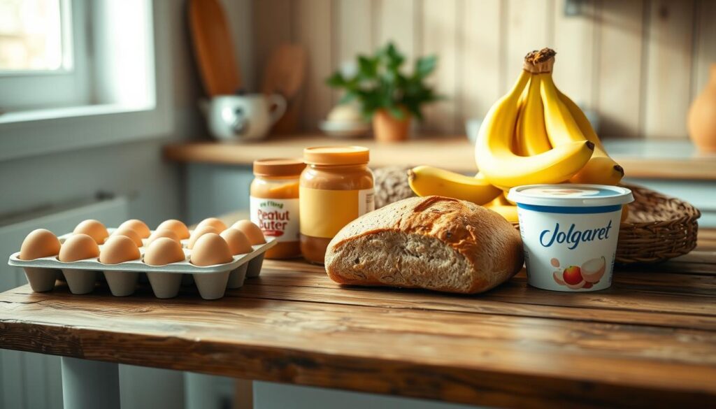 A cozy, minimal kitchen with wooden textures and light blue accents showcases a collection of budget-friendly breakfast ingredients. On a rustic wooden table, arrange a carton of eggs, a loaf of whole grain bread, a jar of peanut butter, a bunch of fresh bananas, and a container of plain yogurt. Soft, natural lighting illuminates the scene, creating a warm and inviting atmosphere. The ingredients are neatly organized, conveying a sense of simplicity and affordability for a low-sugar breakfast on a tight budget.