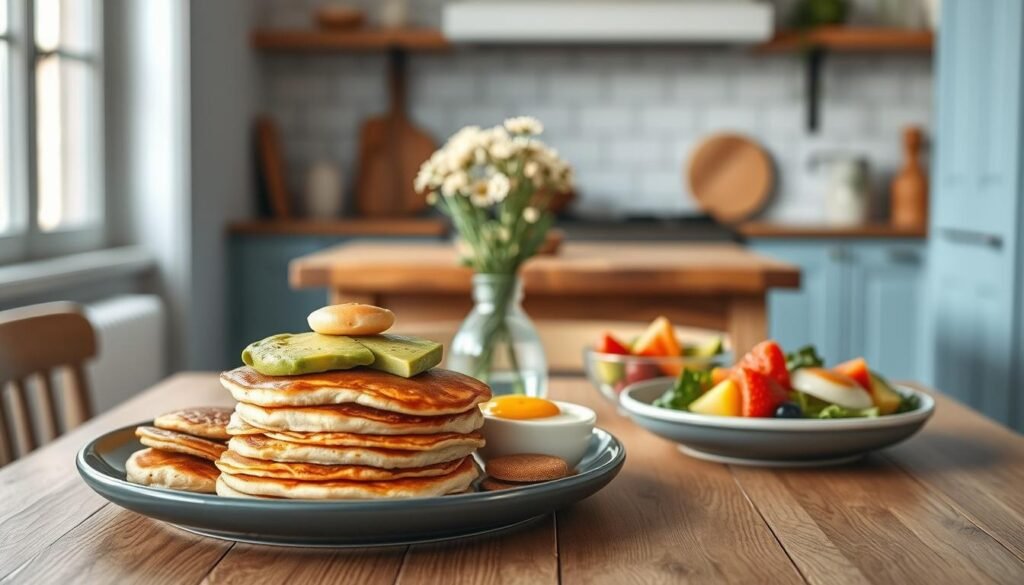 A cozy, minimal kitchen with wooden textures and light blue accents showcases a delectable array of paleo breakfast recipes. In the foreground, a platter displays a selection of nutrient-dense options, including a stack of fluffy paleo-friendly pancakes, a bowl of creamy avocado and poached eggs, and a vibrant fruit salad. The middle ground features a rustic wooden table, adorned with a simple bouquet of wildflowers, inviting the viewer to savor a wholesome and rejuvenating start to the day. Soft, diffused lighting casts a warm glow, creating an atmosphere of tranquility and nourishment.