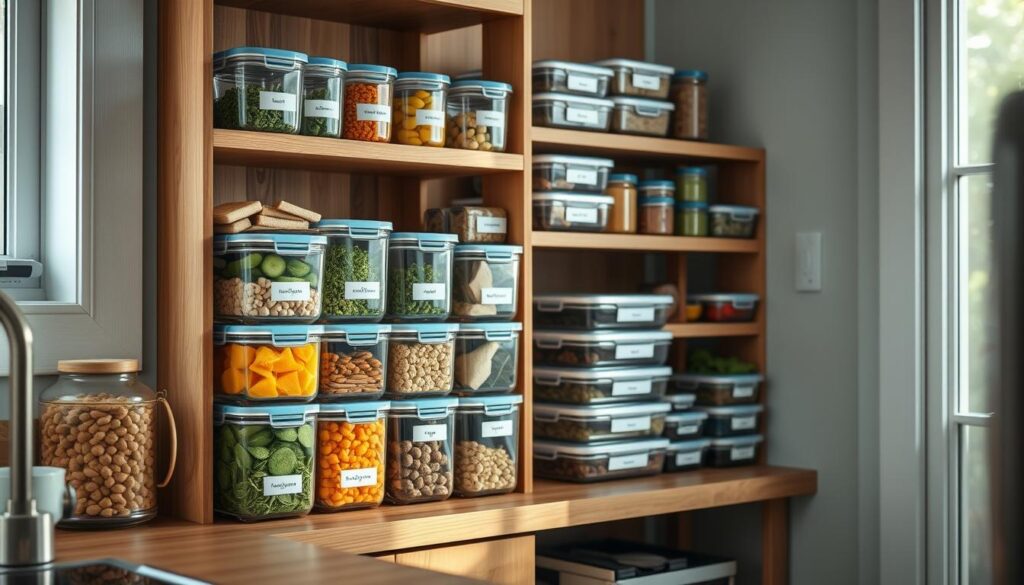 A cozy, minimal kitchen with wooden textures and light blue accents showcases a neatly organized meal prep container system. Sleek glass jars and stackable plastic containers in various sizes line a wooden shelving unit, each labeled and filled with fresh, colorful ingredients. The arrangement is meticulously planned, with everything in its place, creating a visually appealing and efficient meal storage solution. Soft, natural lighting from a nearby window casts a warm glow, highlighting the clean, uncluttered design. The scene conveys a sense of order and control, emphasizing the importance of organized meal preparation for the office.