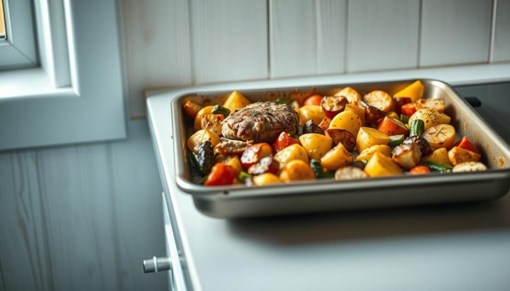 A cozy, minimal kitchen with wooden textures and light blue accents showcases a sheet pan filled with roasted vegetables, seasoned meat, and golden-brown potatoes. The pan sits atop a clean, uncluttered countertop, illuminated by soft, natural lighting from a nearby window. The scene captures the common challenges of sheet pan cooking, such as uneven cooking, soggy ingredients, and difficulty with timing. The image conveys a sense of troubleshooting and problem-solving, encouraging the viewer to explore ways to optimize their sheet pan meals for maximum convenience and flavor.