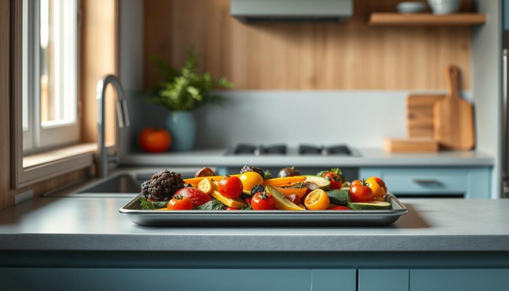 A cozy, minimal kitchen with wooden textures and light blue accents showcases a sheet pan filled with an array of vibrant, rainbow-colored vegetables. The pan is positioned on a sleek, gray countertop, bathed in soft, diffused lighting that accentuates the natural tones and textures of the ingredients. The scene exudes a sense of simplicity and efficiency, highlighting the versatility of the sheet pan cooking technique as the focus of the composition.