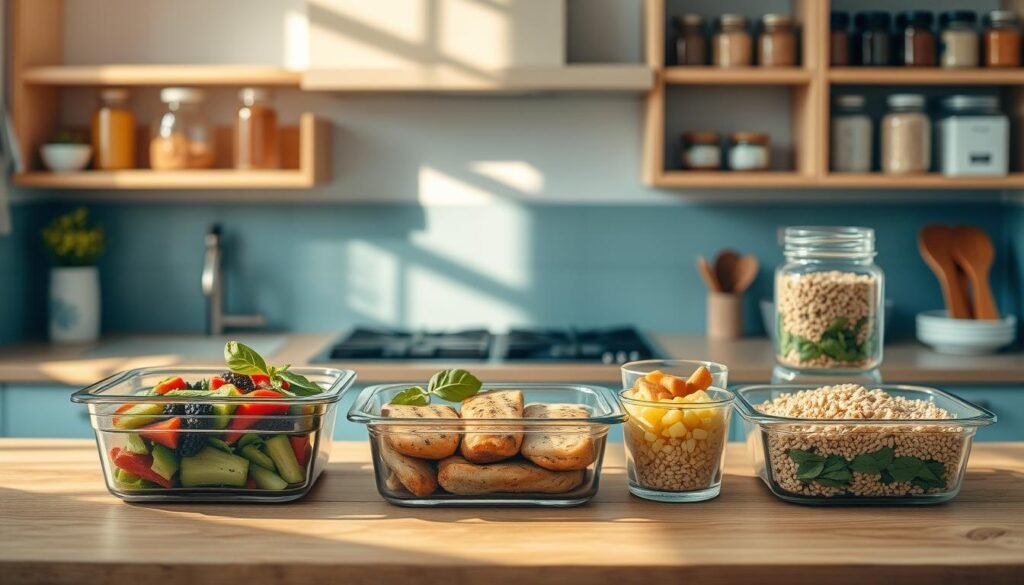 A cozy minimal kitchen with wooden textures and light blue accents showcases a thoughtfully arranged meal prep display. Glass containers with fresh vegetables, grilled chicken, and whole grains sit neatly on a wooden counter, casting warm shadows under soft, natural lighting. Jars of spices and herbs line the shelves, hinting at the flavorful meals to come. The scene radiates organization, efficiency, and the benefits of advance preparation - a visual representation of how meal prepping can support weight management through portion control and healthy eating habits.