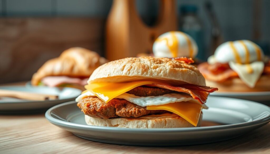 A cozy, minimal kitchen with wooden textures and light blue accents showcases a variety of creative breakfast sandwich variations. In the foreground, a freshly toasted English muffin is layered with a fluffy scrambled egg, melted cheddar cheese, and a juicy sausage patty. In the middle ground, a croissant is split open to reveal a savory ham and Swiss cheese filling. The background features a bagel topped with a perfectly poached egg, crispy bacon, and a drizzle of hollandaise sauce. The lighting is soft and natural, highlighting the textures and colors of the different sandwich components. The overall atmosphere is cozy and inviting, setting the stage for a delightful and satisfying commuter breakfast.