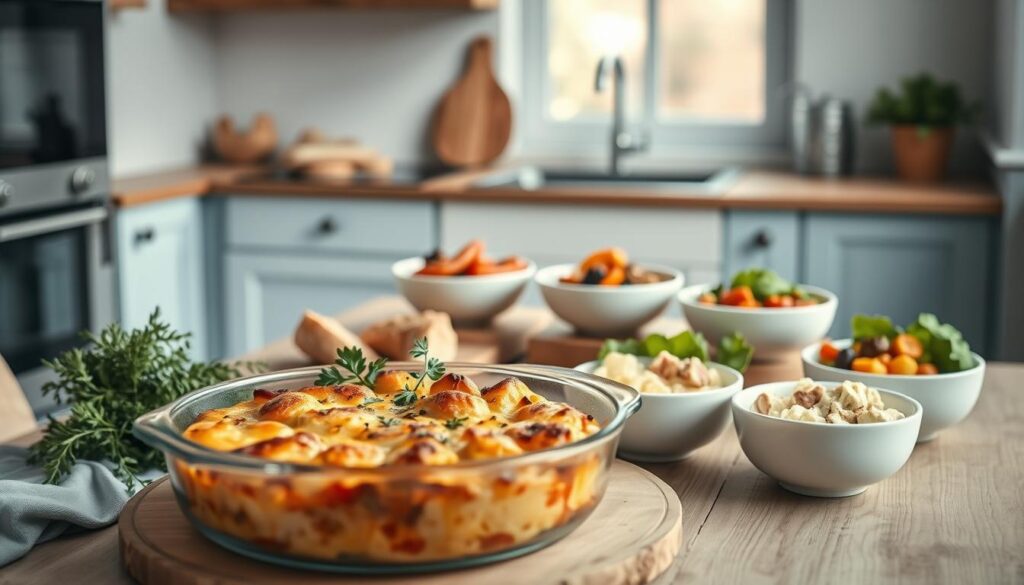 A cozy, minimal kitchen with wooden textures and light blue accents showcases a variety of casserole serving ideas. In the foreground, a steaming casserole dish takes center stage, accompanied by an assortment of fresh herbs, crusty bread, and a crisp green salad. In the middle ground, a set of white ceramic serving bowls holds an array of tasty toppings and side dishes, like roasted vegetables and creamy mashed potatoes. The background features a simple, uncluttered layout, allowing the focus to remain on the delicious casserole and its perfect pairings. The scene is bathed in soft, natural lighting, creating a cozy and inviting atmosphere for the viewer.