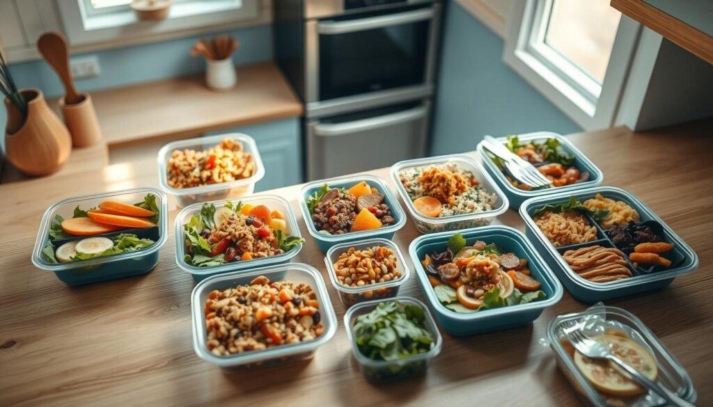 A cozy minimal kitchen with wooden textures and light blue accents showcases a variety of healthy, travel-friendly recipes. An array of neatly arranged, portable meal containers contain colorful, nutrient-dense dishes - vibrant salads, hearty grain bowls, and freshly prepared snacks. Soft, natural lighting illuminates the scene, creating an atmosphere of balance and wellness. The camera captures a top-down, organized composition that highlights the ease and practicality of these healthy, on-the-go meal options.