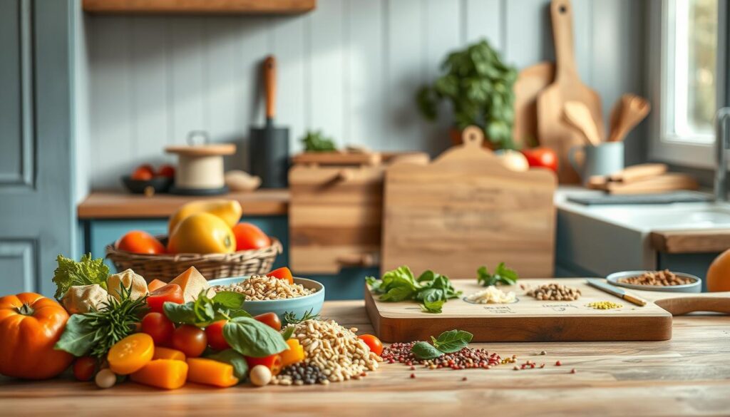 A cozy, minimal kitchen with wooden textures and light blue accents showcases a variety of leftover transformation ideas. In the foreground, an array of colorful ingredients - from vegetables to grains - are artfully arranged, hinting at the culinary possibilities. In the middle ground, a cutting board displays creative recipes using these leftovers, their handwritten notes and sketches suggesting an energetic, experimental atmosphere. The background is bathed in soft, natural lighting, conveying a sense of warmth and inviting the viewer to imagine the delicious, energy-efficient dinners that could emerge from these leftover transformation ideas.
