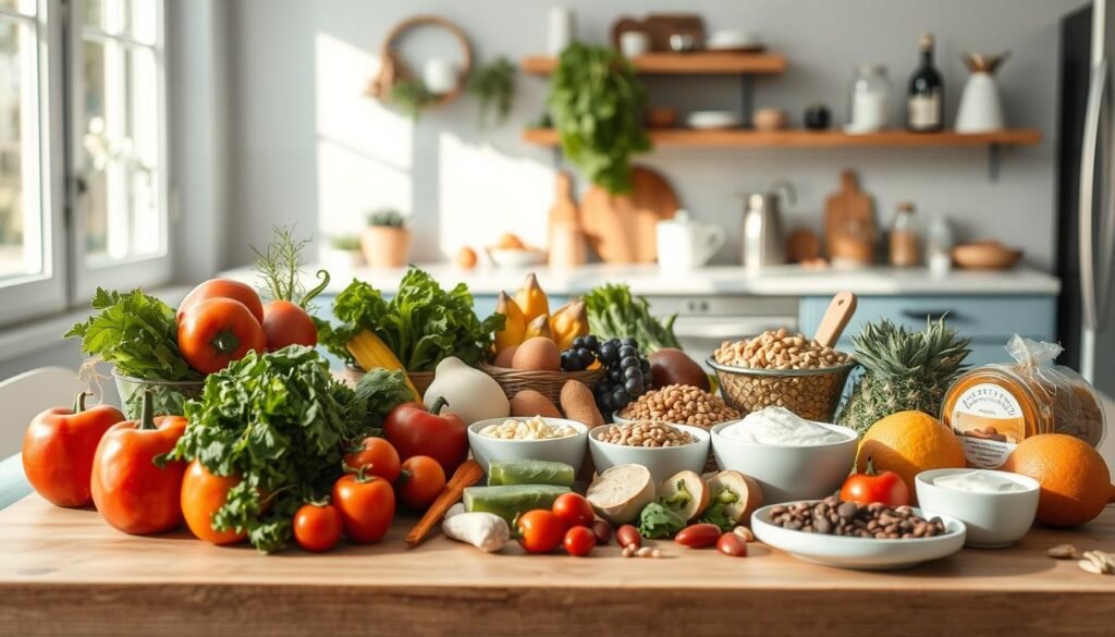 A cozy, minimal kitchen with wooden textures and light blue accents showcases a variety of gut-healthy ingredients. In the foreground, an array of colorful vegetables, fermented foods, and probiotic-rich items like yogurt and kefir are arranged artfully. In the middle ground, a selection of whole grains, legumes, and lean proteins speak to a balanced, nourishing meal plan. The background features natural lighting filtering through a window, casting a warm, inviting glow over the scene. The overall atmosphere radiates a sense of harmony, wellness, and culinary delight.