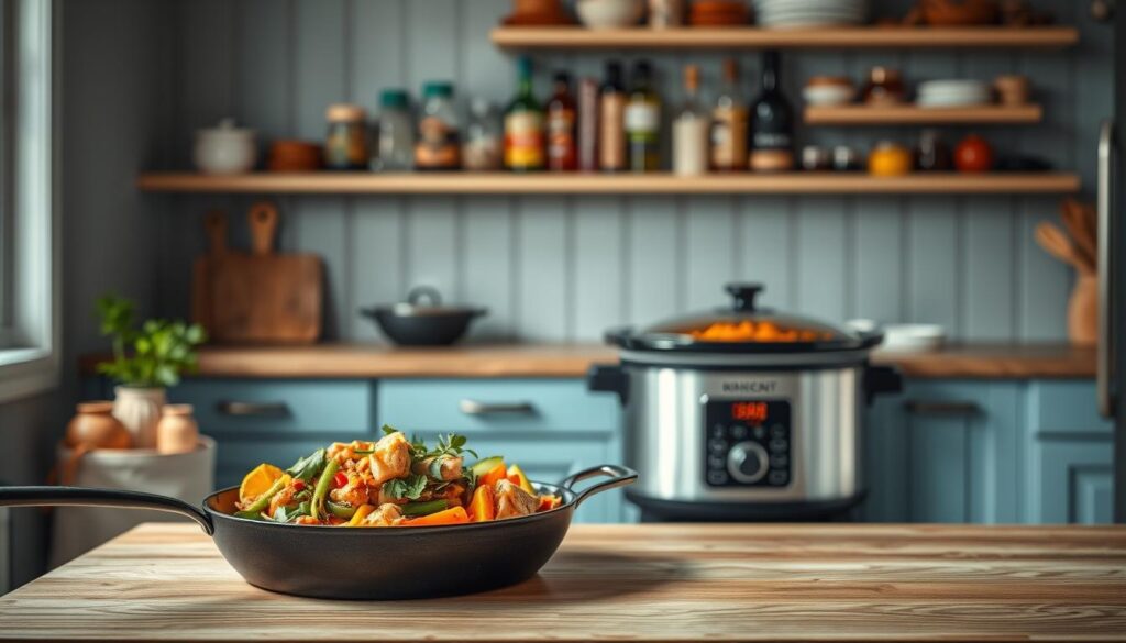 A cozy, minimal kitchen with wooden textures and light blue accents showcases a variety of one-pan skillet recipes. In the foreground, a cast-iron skillet sizzles with a vibrant stir-fry of fresh vegetables, lean protein, and aromatic herbs. The middle ground features a slow cooker gently simmering a hearty stew, its savory aroma filling the air. In the background, shelves display an array of spices, oils, and other cooking essentials, creating a sense of culinary inspiration. Soft, diffused lighting casts a warm glow, evoking a relaxed, nourishing atmosphere. This image captures the essence of the 