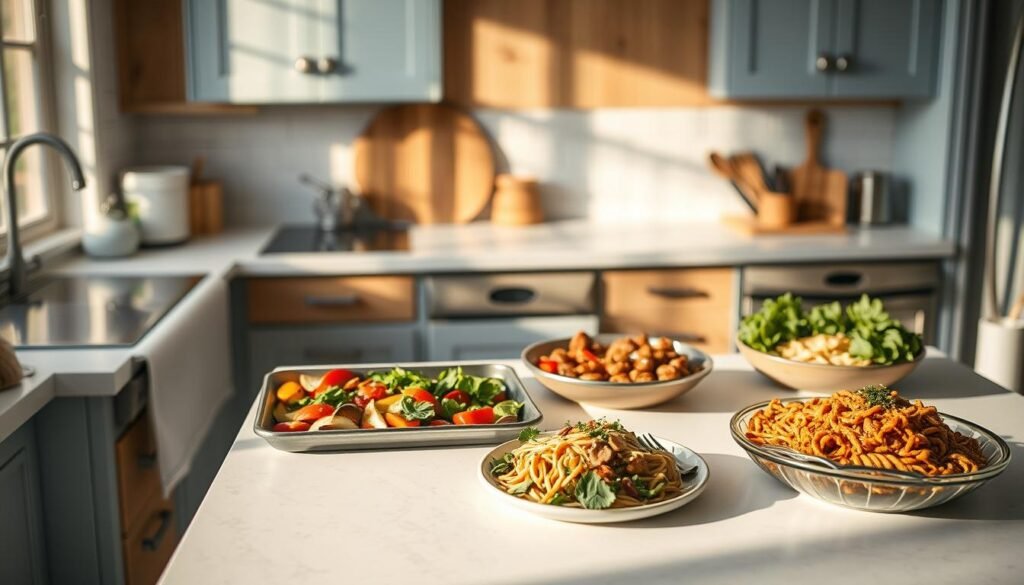 A cozy, minimal kitchen with wooden textures and light blue accents showcases a variety of quick weeknight recipes. On a clean, white countertop, an array of freshly prepared dishes, including a sheet pan filled with roasted vegetables, a salad with vibrant greens, and a hearty pasta dish. The natural lighting casts a warm glow, creating an inviting atmosphere for simple, nourishing meals. No hands are visible, emphasizing the effortless preparation of these quick and easy recipes for busy weeknights.