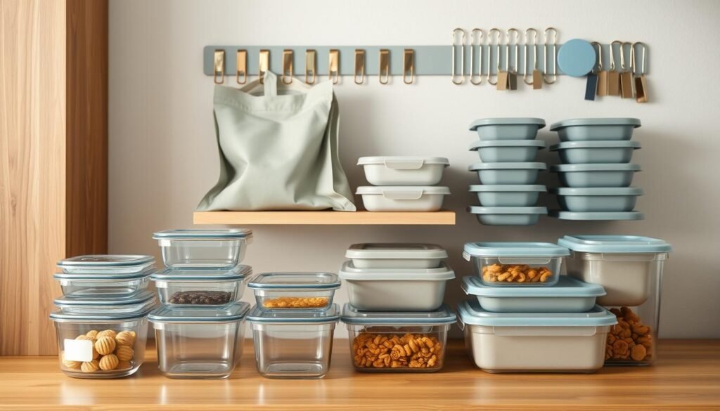 A cozy, minimal kitchen with wooden textures and light blue accents showcases a variety of meal storage solutions. In the foreground, neatly stacked glass containers with airtight lids in various sizes stand ready to hold prepped meals. On the middle shelves, reusable silicone bags and bento-style lunch boxes in muted colors sit alongside slim, stackable food storage containers. The background features a wall-mounted magnetic strip holding a selection of small metal clips and clips for securing lids. The scene is bathed in soft, even lighting, capturing the efficiency and organization of a well-planned meal prep setup.