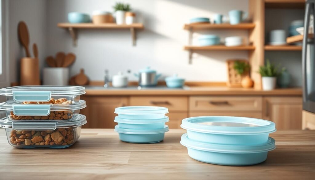 A cozy, minimal kitchen with wooden textures and light blue accents showcases a variety of meal storage containers. In the foreground, a set of clear glass or plastic containers with airtight lids sit neatly on a wooden countertop, their contents visible. In the middle ground, a small stack of reusable silicone lids in coordinating light blue hues rests nearby. The background features a simple, clutter-free wall with a few minimalist shelves displaying additional storage solutions, all illuminated by soft, natural lighting from a nearby window.