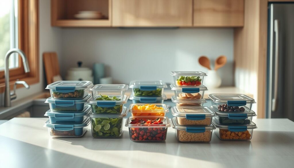 A cozy, minimal kitchen with wooden textures and light blue accents showcases a weekly meal rotation strategy. Neatly arranged meal prep containers in various sizes and shapes sit on a clean, uncluttered countertop, hinting at the varied, balanced cold lunch recipes within. The sun streams in through a window, illuminating the organized food storage system and highlighting the thoughtful, systematic approach to avoiding mealtime boredom. The overall scene conveys a sense of calm efficiency, inviting the viewer to envision their own weekly meal rotation strategies for delicious, nutritious cold lunches.