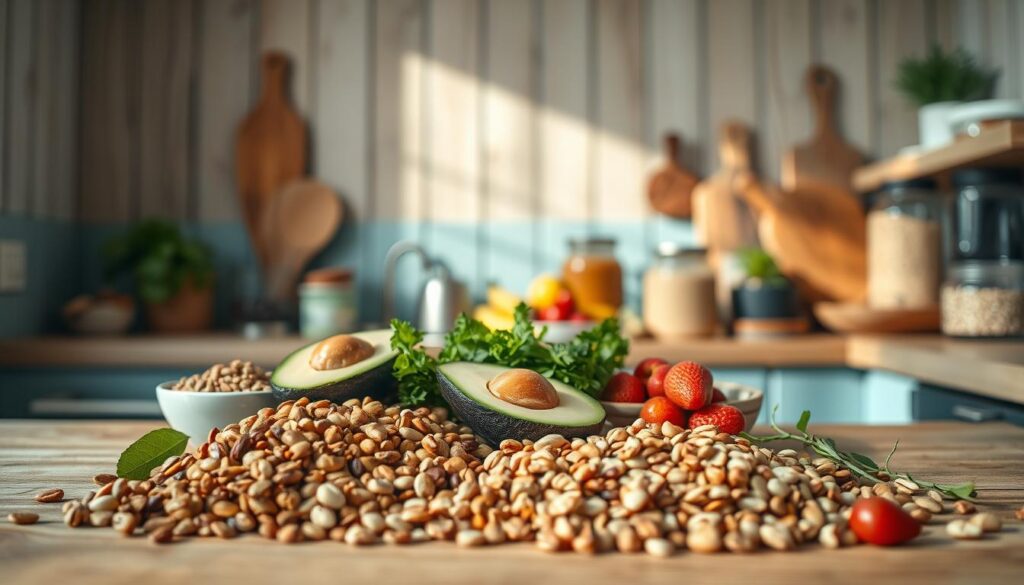 A cozy, minimal kitchen with wooden textures and light blue accents showcases an arrangement of protein-packed, gluten-free ingredients. In the foreground, a variety of nuts, seeds, and legumes spill across the counter, radiating earthy tones. In the middle ground, sliced avocado, fresh greens, and vibrant berries create a colorful and nutritious display. The background features jars of nut butters, quinoa, and other wholesome staples, illuminated by soft, natural lighting that casts gentle shadows. The scene conveys a sense of health, simplicity, and culinary potential, perfectly capturing the essence of "Healthy Ingredients and Nutritional Benefits."