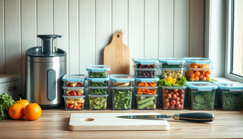 A cozy, minimal kitchen with wooden textures and light blue accents showcases an array of time-saving meal prep strategies. A sleek, modern appliance stands ready to aid in efficiently processing fresh produce. Rows of airtight containers line the countertop, each filled with vibrant, nutrient-dense ingredients. A clean cutting board and sharp knife await, poised to swiftly transform the raw materials into flavorful, low-calorie lunches. The scene exudes a sense of organization and simplicity, empowering the viewer to envision a streamlined approach to healthy, satisfying midday meals.