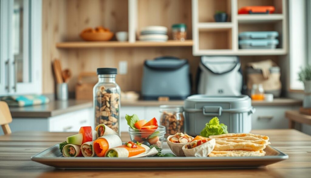 A cozy, minimal kitchen with wooden textures and light blue accents showcases an array of teen-friendly cold lunch ideas. In the foreground, a platter displays a variety of colorful, nutrient-dense options like fresh fruit skewers, veggie wraps, and portable protein snacks. The middle ground features a glass container filled with homemade trail mix, alongside a reusable water bottle and a sleek lunchbox. In the background, shelves hold additional lunch containers and insulated bags, hinting at the versatility and convenience of these teen-approved meals. The overall scene conveys a sense of healthfulness, practicality, and approachability, perfectly capturing the "Introduction to Teen-Friendly Cold Lunches" theme.