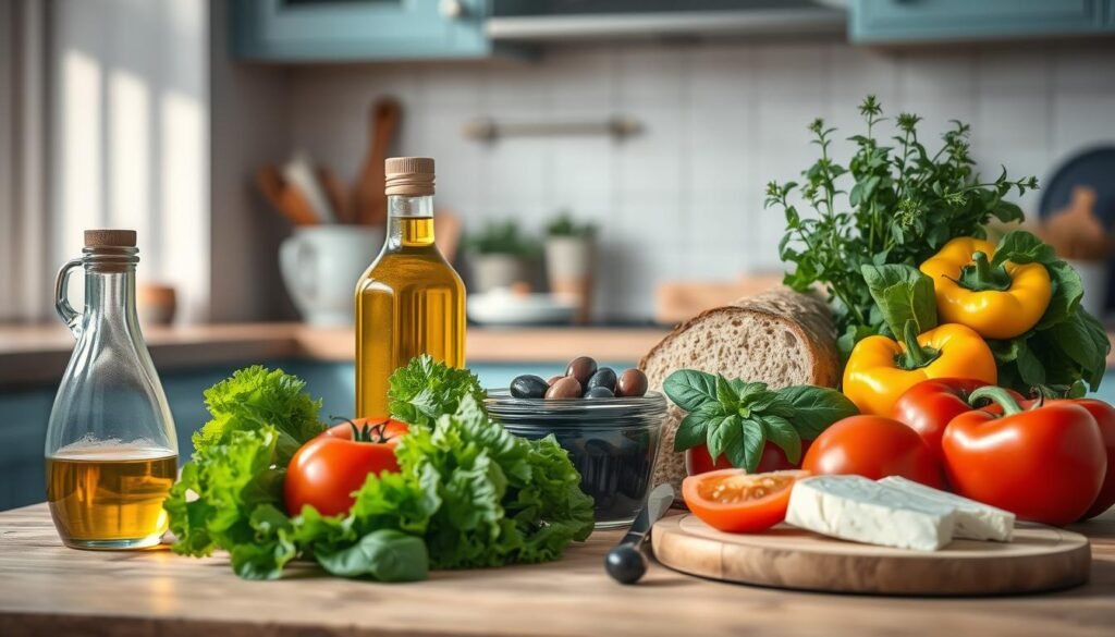 A cozy, minimal kitchen with wooden textures and light blue accents showcases an array of Mediterranean diet staples. In the foreground, a selection of fresh produce, including ripe tomatoes, crisp lettuce, and vibrant bell peppers, sits alongside a jar of extra virgin olive oil and a wooden board with sliced whole-grain bread. In the middle ground, a bowl of plump olives, a wedge of tangy feta cheese, and a handful of aromatic herbs, such as basil and oregano, evoke the flavors of the Mediterranean. The background features a clean, uncluttered space, allowing the ingredients to take center stage and inspire healthy, office-friendly lunch ideas.