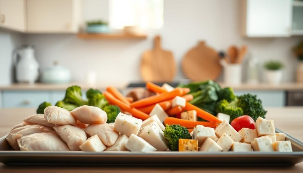 A cozy, minimal kitchen with wooden textures and light blue accents showcases an array of protein-rich options for sheet pan dinners. In the foreground, succulent chicken breasts, tender white fish fillets, and firm tofu cubes are arranged artfully. The middle ground features fresh vegetables like broccoli, carrots, and bell peppers, complementing the protein choices. Soft, natural lighting casts a warm glow, highlighting the textures and colors of the ingredients. The overall atmosphere is one of healthy, flavorful simplicity, inviting the viewer to explore the versatile protein options for their next sheet pan creation.