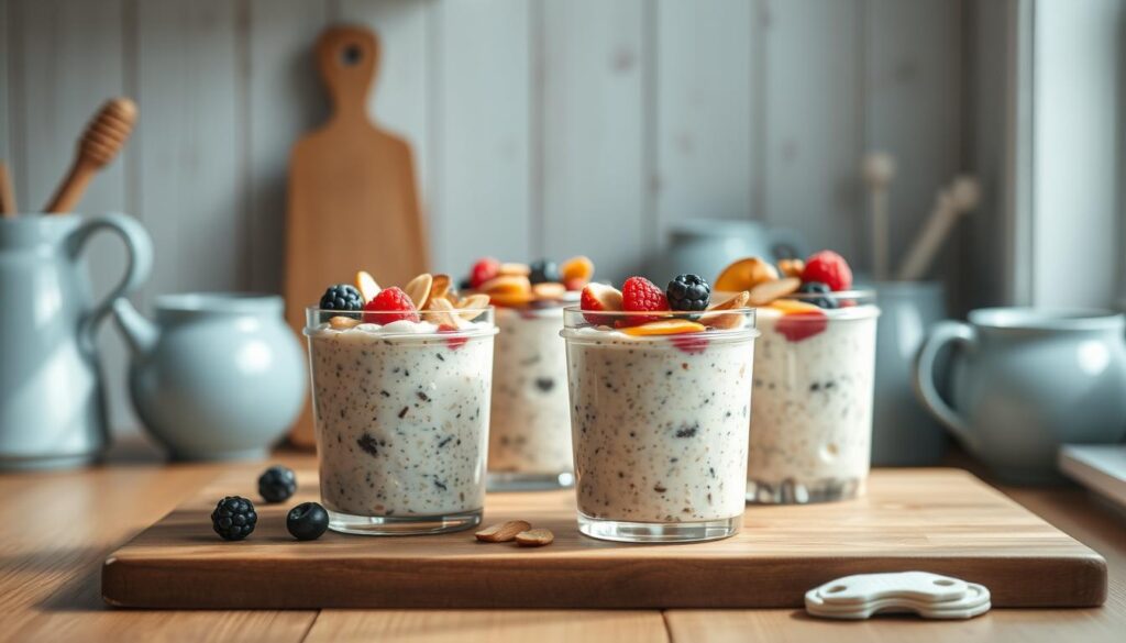 A cozy, minimal kitchen with wooden textures and light blue accents showcases an artful arrangement of overnight oats recipes. Vibrant berries, sliced almonds, and a drizzle of honey adorn the creamy, oat-based dishes. The soft, natural lighting casts a warm glow, inviting the viewer to imagine the satisfying, nutritious breakfast. Carefully styled with a focus on simplicity and visual appeal, this scene embodies the essence of a quick, travel-friendly meal prep for busy professionals.