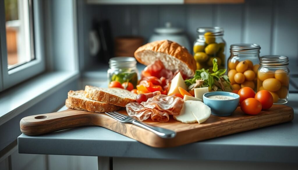 A cozy, minimal kitchen with wooden textures and light blue accents showcases an artful arrangement of deli-style lunch items. A cutting board holds slices of fresh bread, cured meats, creamy cheeses, and crisp vegetables. Glass jars filled with pickles and olives add pops of color. A simple knife and fork are neatly placed, hinting at the ease of assembling a satisfying, no-fuss deli-inspired meal. Soft, natural lighting bathes the scene, capturing the inviting atmosphere of a quick, effortless lunch.