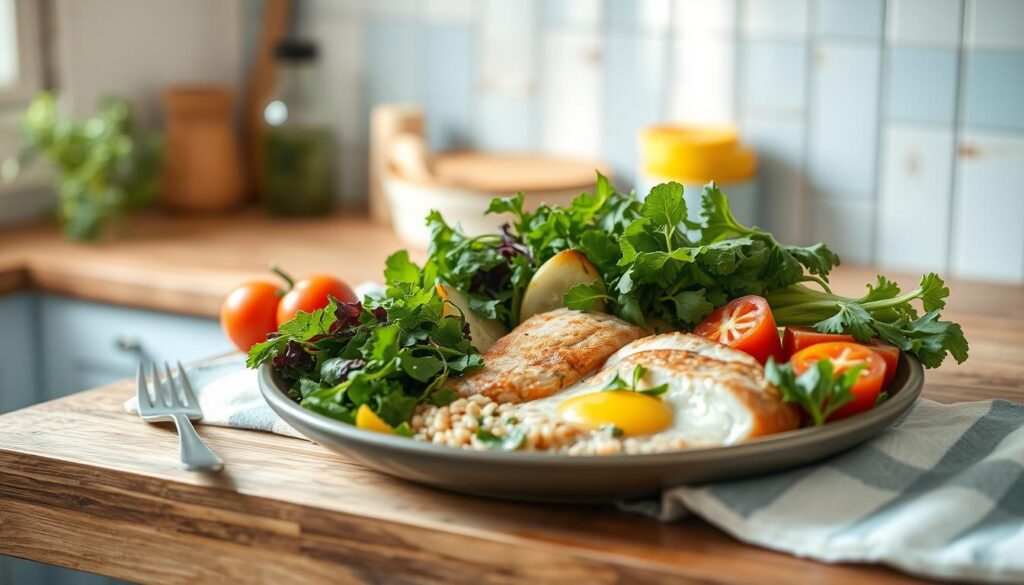 A cozy, minimal kitchen with wooden textures and light blue accents showcases an artful arrangement of simple yet flavorful dinner ingredients. Fresh vegetables, crisp greens, and vibrant herbs sit alongside whole grains, lean proteins, and a drizzle of olive oil, creating a visually appealing and nourishing meal. The soft, warm lighting casts a gentle glow, evoking a sense of calm and balance. The overall scene emanates a feeling of healthy, energy-efficient cooking, perfect for a light, satisfying dinner.