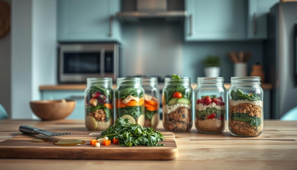 A cozy, minimal kitchen with wooden textures and light blue accents showcases an artful display of creative meal prep recipes. In the foreground, a cutting board features freshly chopped vegetables, herbs, and a drizzle of olive oil. In the middle ground, mason jars filled with layered salads and protein-packed lunches take center stage. The background features stainless steel appliances and a sleek backsplash, accentuating the streamlined, organized feel. The overall mood is one of efficiency and culinary inspiration, inviting the viewer to explore a world of nutritious and delectable lunchtime possibilities.
