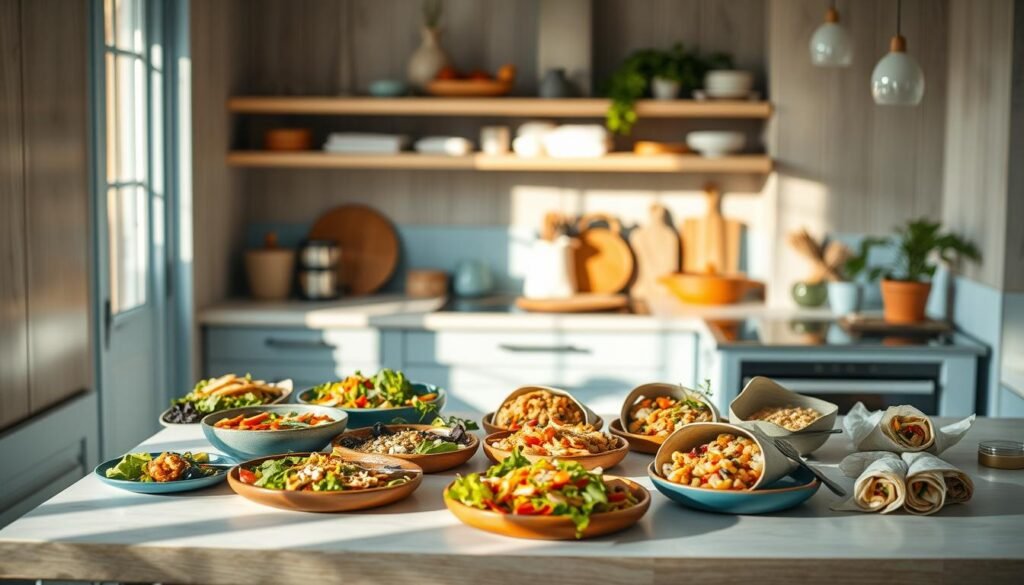 A cozy, minimal kitchen with wooden textures and light blue accents showcases an assortment of plant-based meal prep recipes from the 