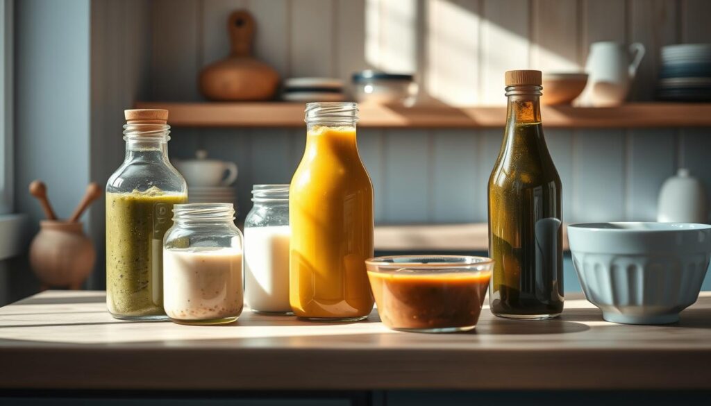 A cozy, minimal kitchen with wooden textures and light blue accents showcases an assortment of homemade dressings and sauces. A variety of glass jars and ceramic bowls hold creamy vinaigrettes, rich pesto, tangy mustard, and savory marinades, casting warm, natural shadows across the countertop. The lighting is soft and diffused, highlighting the vibrant colors and textures of the fresh ingredients. The overall atmosphere is one of artisanal, homemade deliciousness, inviting the viewer to explore the flavorful possibilities for enhancing their lunch.