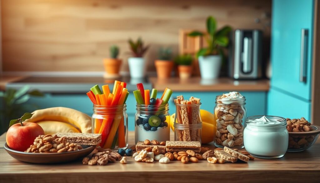 A cozy, minimal kitchen with wooden textures and light blue accents showcases an assortment of healthy office snack ideas. In the foreground, a variety of fresh fruits, nuts, and granola bars are neatly arranged on a wooden table. The middle ground features small glass jars filled with colorful veggie sticks, hummus, and yogurt-covered treats. In the background, a few potted plants and a sleek kitchen appliance create a calming, natural atmosphere. The lighting is soft and warm, casting a gentle glow over the scene. This image captures a selection of quick, nutritious snack options perfect for fueling productivity in the office.