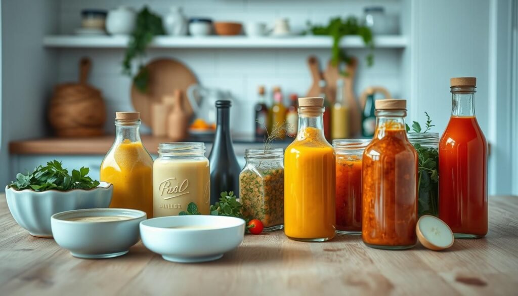 A cozy, minimal kitchen with wooden textures and light blue accents showcases an assortment of homemade dressings and sauces. In the foreground, glass jars and ceramic bowls hold vibrant vinaigrettes, creamy dips, and zesty marinades, their contents reflecting the light. In the middle ground, sprigs of fresh herbs, sliced vegetables, and a selection of condiments add pops of color and texture. The background features clean white walls and simple shelving, allowing the vibrant flavors to take center stage. The scene exudes a sense of simplicity and celebration, inviting the viewer to explore the possibilities of homemade dressings and sauces.