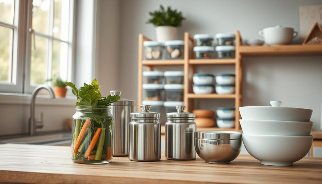 A cozy, minimal kitchen with wooden textures and light blue accents showcases an elegant display of various storage containers. In the foreground, a glass jar reveals crisp veggies, while stainless steel canisters and ceramic bowls stand tall, capturing the essence of efficient and visually appealing food storage. Soft, natural lighting from a large window bathes the scene, highlighting the textures and lending a serene atmosphere. The middle ground features a wooden storage rack, its shelves neatly organized with airtight containers, preserving the freshness of cold lunch ingredients. In the background, a neutral-toned backsplash complements the overall minimalist aesthetic, creating a calming and inviting environment for preparing nutritious meals.