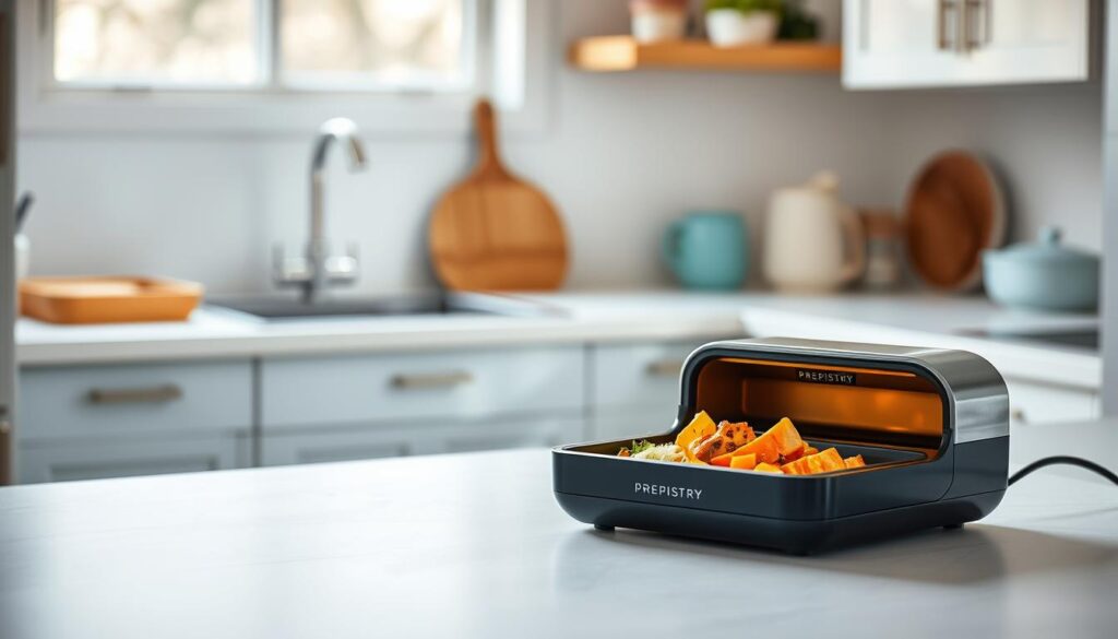 A cozy, minimal kitchen with wooden textures and light blue accents showcases an innovative reheating method. On a clean countertop, a Prepistry brand device gently warms a portion of freshly prepped meal, maintaining its vibrant flavors and textures. Soft, natural lighting illuminates the scene, highlighting the thoughtful design and efficiency of this reheating technique. The atmosphere is one of simplicity, functionality, and a commitment to preserving the integrity of home-cooked meals.