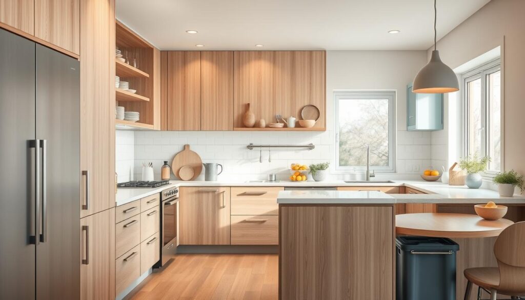 A cozy, minimal kitchen with wooden textures and light blue accents showcases efficient storage solutions. Sleek, built-in cabinets, drawers, and shelves maximize vertical space, neatly organizing kitchen essentials. A central island with integrated compartments and recycling bins enables streamlined meal preparation. Subtle task lighting casts a warm glow, illuminating the organized chaos of a well-designed, waste-reducing kitchen.