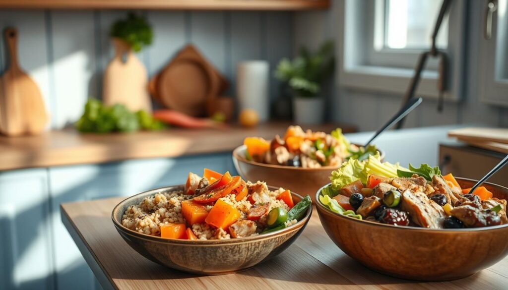 A cozy, minimal kitchen with wooden textures and light blue accents showcases hearty, protein-packed dinner bowls. Vibrant vegetables, lean meats, and wholesome grains create a visually stunning and nutrient-dense spread. The bowls are arranged artfully, highlighting the rich colors and textures of the ingredients. Soft, directional lighting casts warm shadows, emphasizing the depth and dimension of the dishes. The overall atmosphere exudes a sense of nourishment and wellness, inviting the viewer to savor each spoonful of this delicious and healthy dinner.