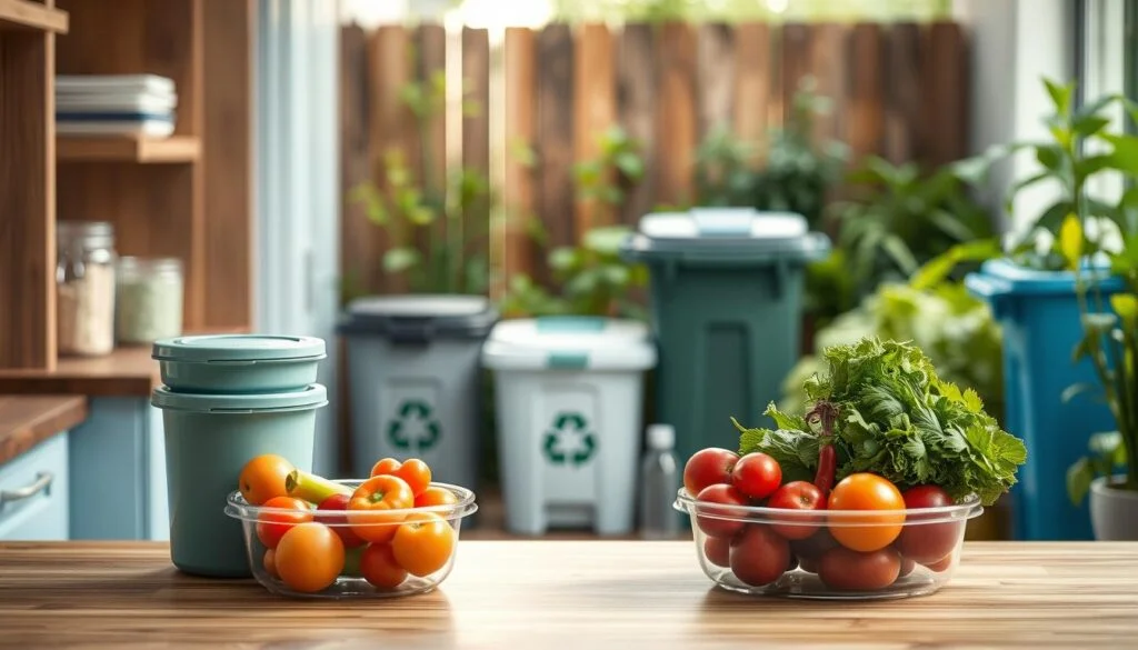 A cozy, minimal kitchen with wooden textures and light blue accents showcases the environmental benefits of reducing waste. In the foreground, reusable Prepistry containers neatly hold fresh, colorful produce. The middle ground features a compost bin and recycling bins, symbolizing sustainable waste management. The background depicts a lush, thriving garden, representing the positive impact of waste reduction on the environment. Soft, natural lighting and a serene atmosphere convey the peace and harmony of living a more eco-friendly lifestyle.