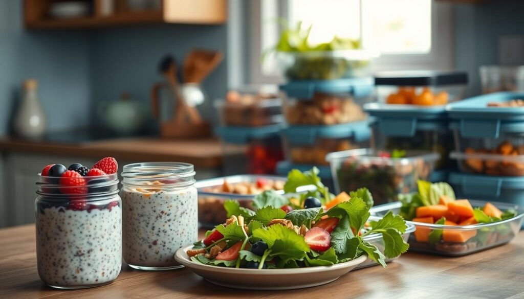 A cozy, minimal kitchen with wooden textures and light blue accents, showcasing a delightful array of meal prep ideas. In the foreground, a selection of overnight oats in glass jars, garnished with fresh berries and nuts. In the middle ground, a vibrant salad with crisp greens, colorful vegetables, and a light dressing. In the background, a variety of reusable containers filled with other tempting meal components, such as roasted vegetables, protein-rich dishes, and healthy snacks. The scene is bathed in soft, natural lighting, creating a calming and inviting atmosphere, inspiring the viewer to craft their own nutritious and portable meal preparations.