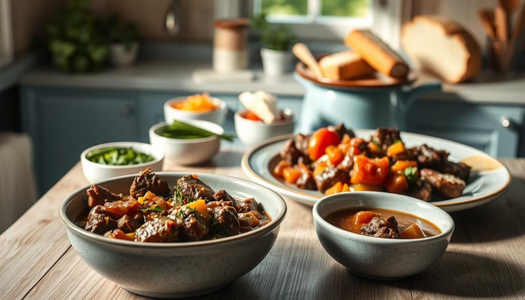 A cozy, minimal kitchen with wooden textures and light blue accents, showcasing a variety of hearty beef stew variations. In the foreground, a bowl of rich, slow-simmered beef stew with tender chunks of meat, earthy vegetables, and a hint of fragrant herbs. In the middle ground, a platter displaying creative twists, such as a zucchini-based stew with a vibrant green hue, and a rustic, tomato-based version with chunks of beef and roasted root vegetables. The background features a few small ramekins of accompaniments, like fresh herbs, shredded cheese, and a crusty bread loaf, all illuminated by natural light from a nearby window.
